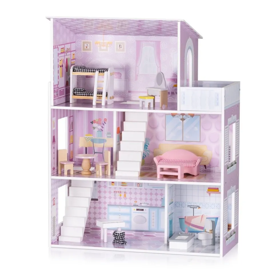 Chipolino Holz-Puppenhaus 12-teiliges Möbel-Set, Treppen, 3-Ebenen, ab 3 Jahren rosa