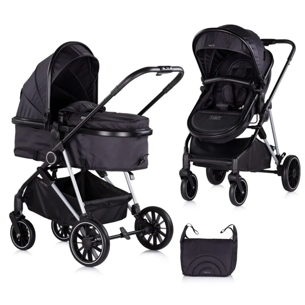Chipolino Kinderwagen Aura 2 in 1 umbaubar Wickeltasche Sitz umkehrbar bis 22 kg schwarz gemustert