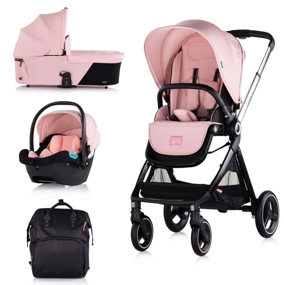 Chipolino Kinderwagen Elite 3 in 1 i-Size Babyschale Sportsitz Babywanne Tasche pink