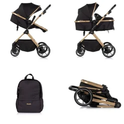 Chipolino Kombikinderwagen Pearl 2 in 1 umbaubar Rucksack Fußsack Korb Federung schwarz