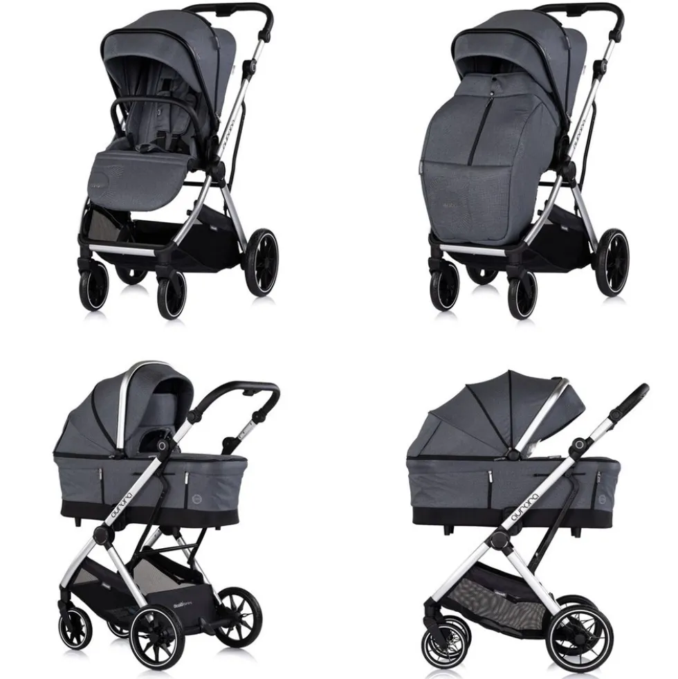 Chipolino Kombikinderwagen Aurora 3 in 1 Babyschale Babywanne Sportsitz Tasche dunkelgrau