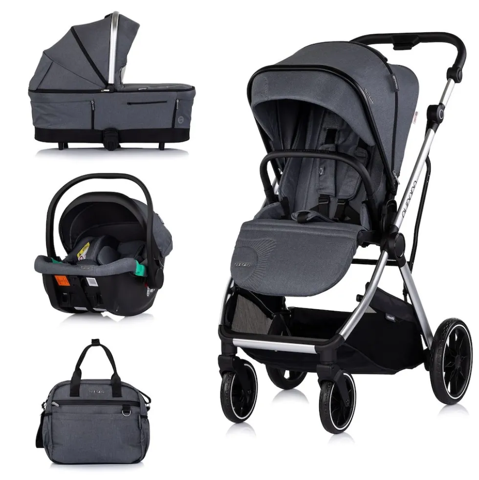 Chipolino Kombikinderwagen Aurora 3 in 1 Babyschale Babywanne Sportsitz Tasche dunkelgrau