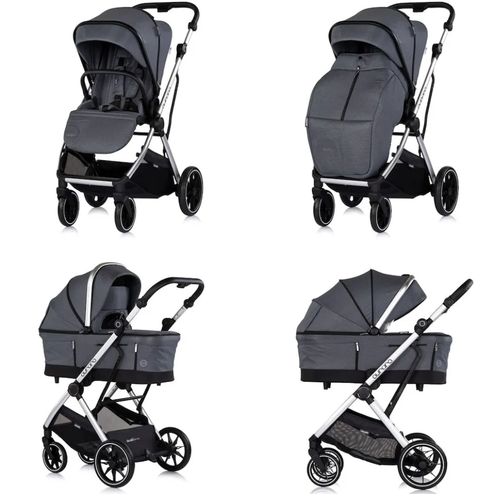 Chipolino Kombikinderwagen Aurora 3 in 1 Babyschale Babywanne Sportsitz Tasche dunkelgrau