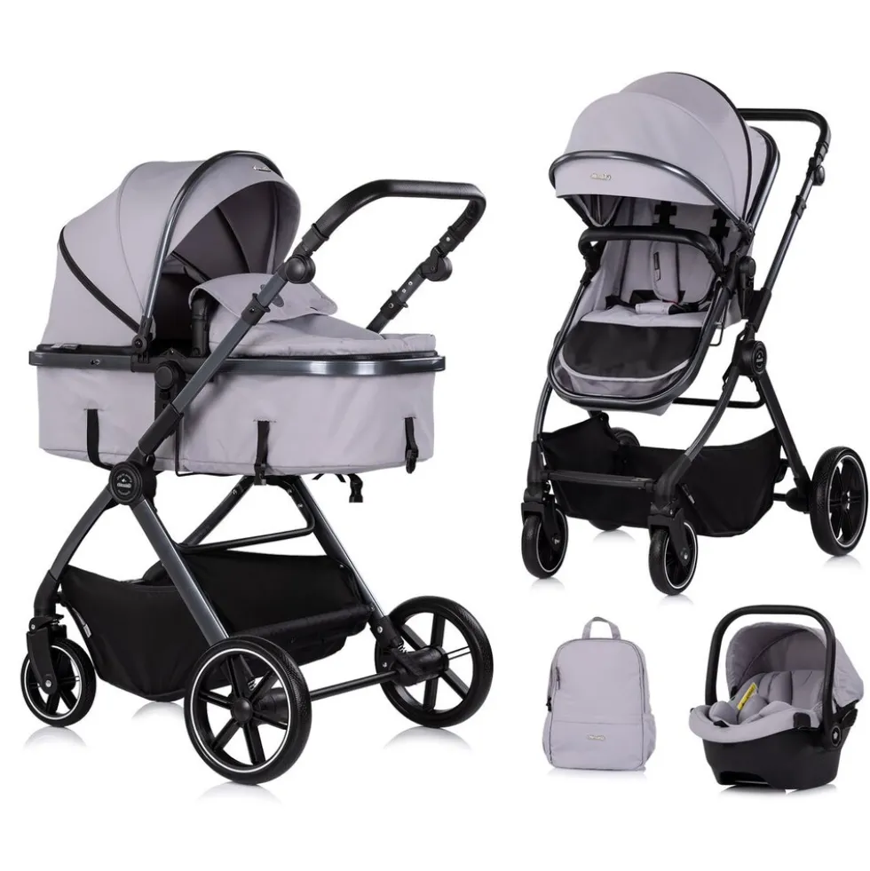 Chipolino Kombikinderwagen Pearl 3 in 1 umbaubar Babyschale Wickeltasche Fußsack grau