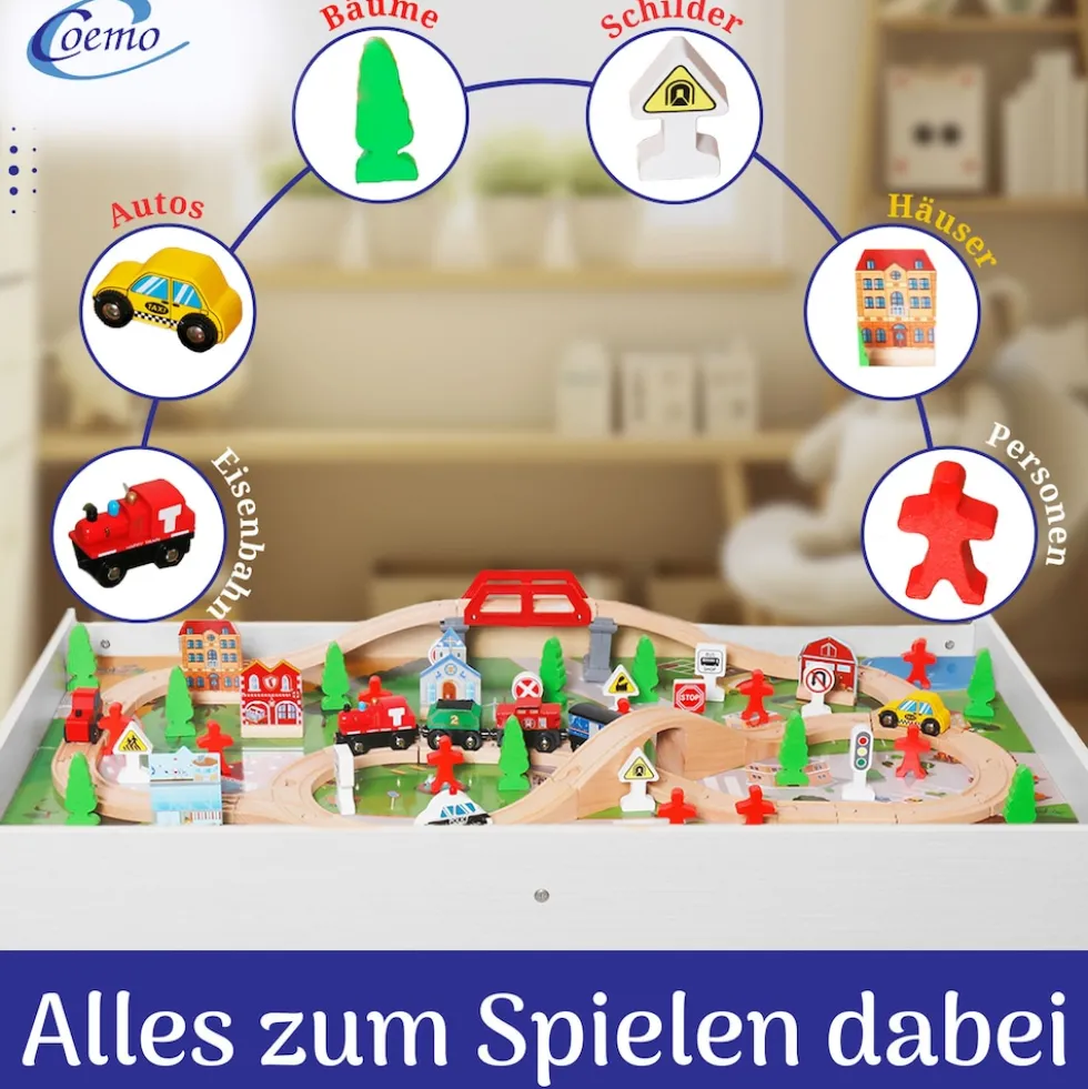 Coemo Spieltisch mit 90-tlg. Holzeisenbahn Farbe Weiß