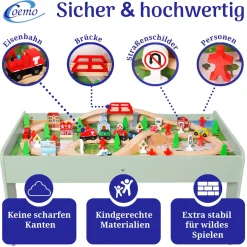 Coemo Spieltisch mit 90-tlg. Holzeisenbahn Farbe Mintgrün