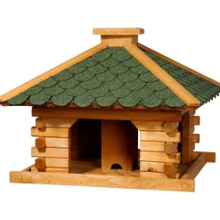 Dobar Rustikales XL-Vogelfutterhaus im Blockhaus-Stil mit grünem Bitumendach, Vogelhaus mit integriertem Futtersilo