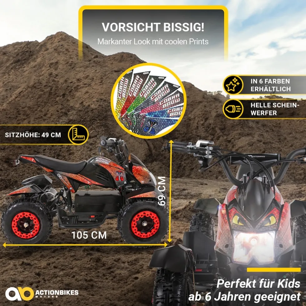 Elektro-Kinderquad Cobra, 800 Watt, bis 24 km/h, ab 8 Jahren, Federung, 3x 12V-Akku, Scheibenbremsen (Rot/Schwarz)