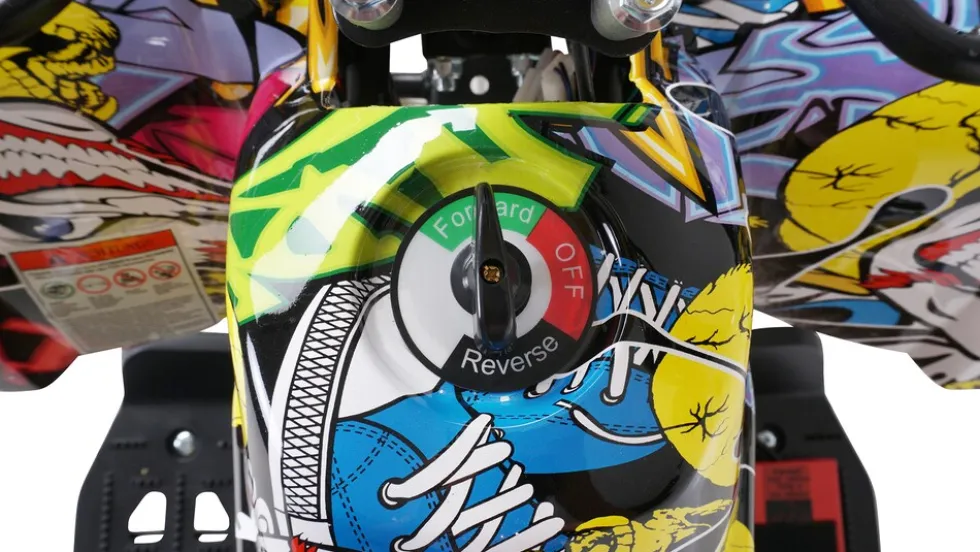 Elektro-Kinderquad Torino, 1000 Watt, Pocket-Quad mit Scheibenbremsen, 24 km/h, 3 x 12-Volt-Batterie (Gelb Graffiti)