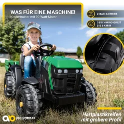 Elektro-Kindertraktor mit Anhänger, Staufach, Schaufel, Fernbedienung, 90 W, Bremsautomatik, TD925 (Grün/Schwarz)