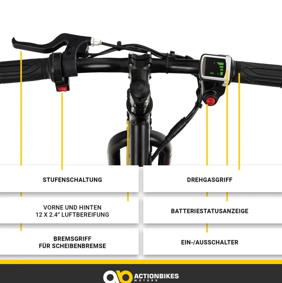 Elektro-Laufrad, 12 Zoll, Kinder-Balance-Bike m. 250 Watt, Scheibenbremsen, 3 Geschwindigkeitsstufen (Gelb)