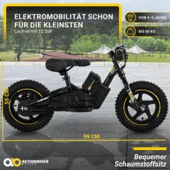 Elektro-Laufrad, 12 Zoll, Kinder-Balance-Bike m. 250 Watt, Scheibenbremsen, 3 Geschwindigkeitsstufen (Gelb)