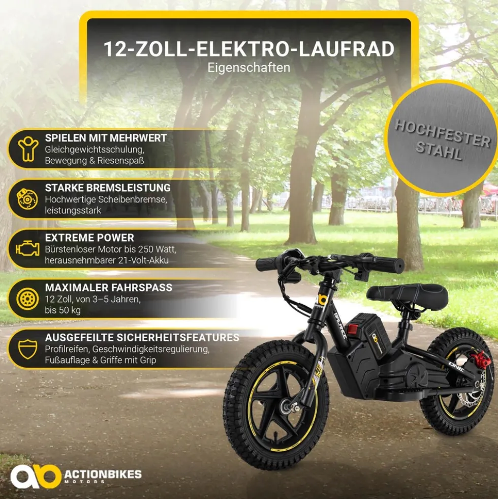 Elektro-Laufrad, 12 Zoll, Kinder-Balance-Bike m. 250 Watt, Scheibenbremsen, 3 Geschwindigkeitsstufen (Gelb)