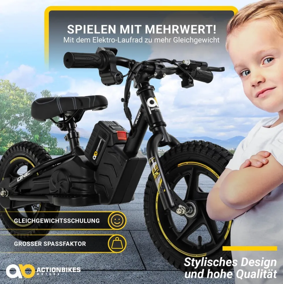 Elektro-Laufrad, 12 Zoll, Kinder-Balance-Bike m. 250 Watt, Scheibenbremsen, 3 Geschwindigkeitsstufen (Gelb)