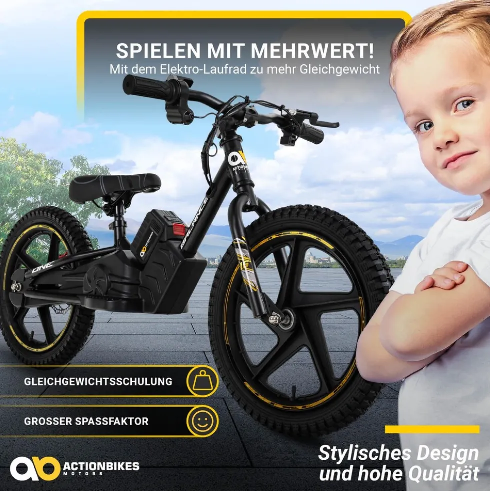 Elektro-Laufrad, 16 Zoll, Kinder-Balance-Bike m. 250 Watt, Scheibenbremsen, 3 Geschwindigkeitsstufen (Gelb)