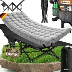 ELONEO Feldbett klappbar mit Premium Auflage, Campingliege bis 200kg belastbar, Grau