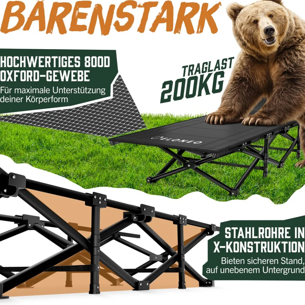ELONEO Feldbett klappbar mit Premium Auflage, Campingliege bis 200kg belastbar, Grau
