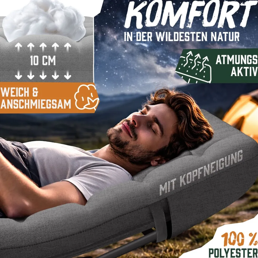 ELONEO Feldbett klappbar mit Premium Auflage, Campingliege bis 200kg belastbar, Grau