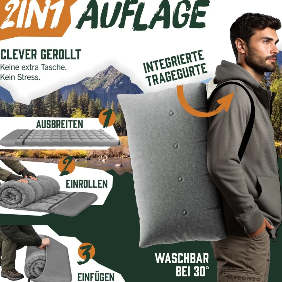 ELONEO Feldbett klappbar mit Premium Auflage, Campingliege bis 200kg belastbar, Grau