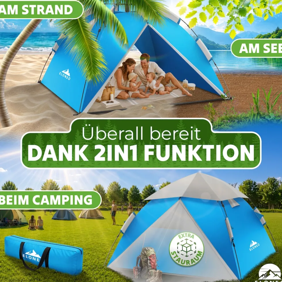 ELONEO Wurfzelt, 2-4 Personen Pop Up Zelt wasserdichtes Campingzelt schnellaufbau Zelt, Blau/Grau
