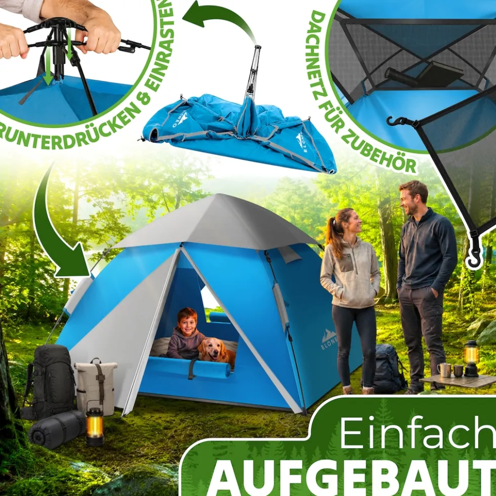 ELONEO Wurfzelt, 2-4 Personen Pop Up Zelt wasserdichtes Campingzelt schnellaufbau Zelt, Blau/Grau