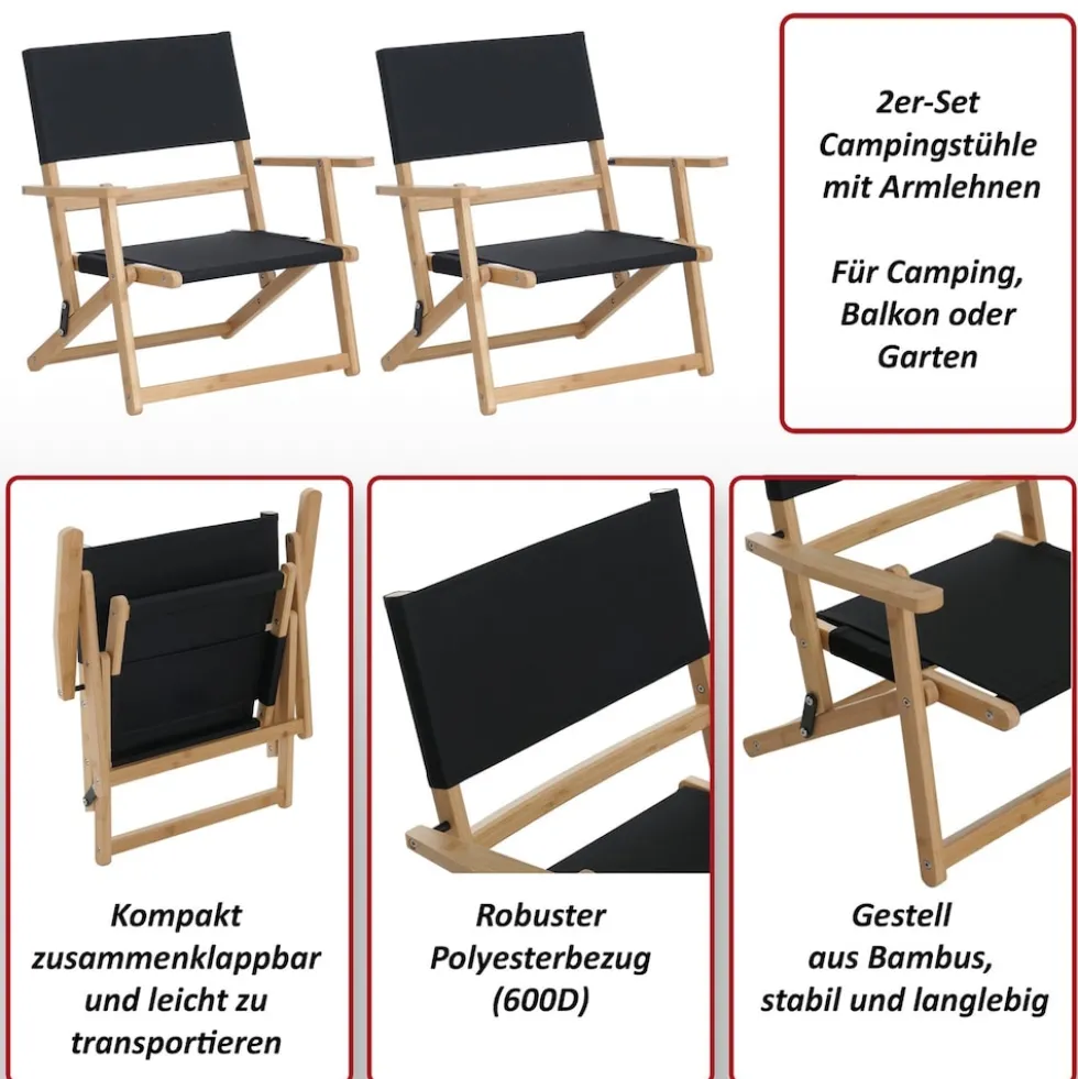 2er-Set Bambus Campingstuhl MCW-Q42, Gartenstuhl Balkonstuhl Freizeitstuhl klappbar Outdoor Stoff/Textil ~ schwarz