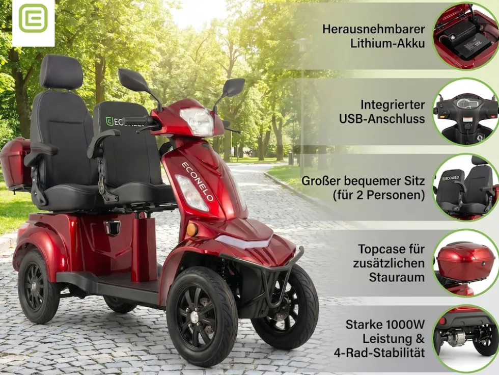 E-Seniorenmobil Vista Quarter-1L, Blei-Akku, 4-Rad, 60V, 1000 Watt, Rot
