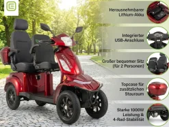 E-Seniorenmobil Vista Quarter-1L, Lithium-Akku, 4-Rad, 60V, 1000 Watt, Rot