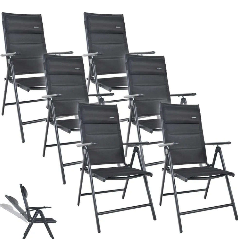GARMIO® Gartenstuhl Balkonstuhl FLORENZ schwarz, 6er SET, 7-fach verstellbar, klappbar, inkl. Nackenkissen, für Terrasse