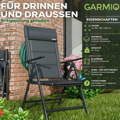 GARMIO® Gartenstuhl Balkonstuhl FLORENZ anthrazit, 7-fach verstellbar, klappbar, inkl. Nackenkissen, für Terrasse