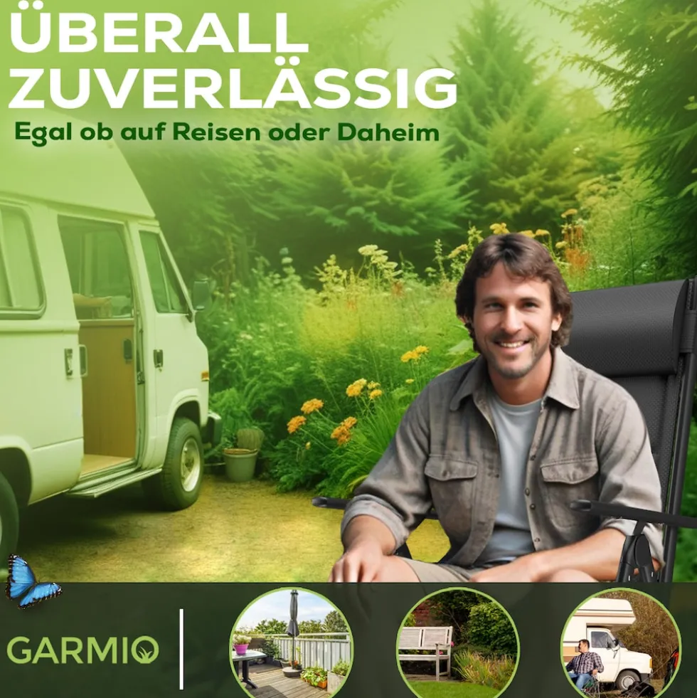 GARMIO® Gartenstuhl Balkonstuhl FLORENZ schwarz, 7-fach verstellbar, klappbar, inkl. Nackenkissen, für Terrasse