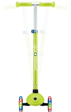 GLOBBER PRIMO PLUS LIGHTS – Tretroller Kinder, 120/80mm, ABEC 9, 3-rädrig, höhenverstellbar, LED-Leuchtrollen, lime grün