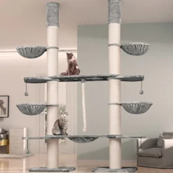 HAPPYPET Kratzbaum Verbindungs-Set mit Spielseil & Liegemulde – Ersatzteil aus Multiplex-Holz, inkl. Plüschbezug & Abstandshalter – Ideal zur Erweiterung von Katzenkratzbäumen | Grau