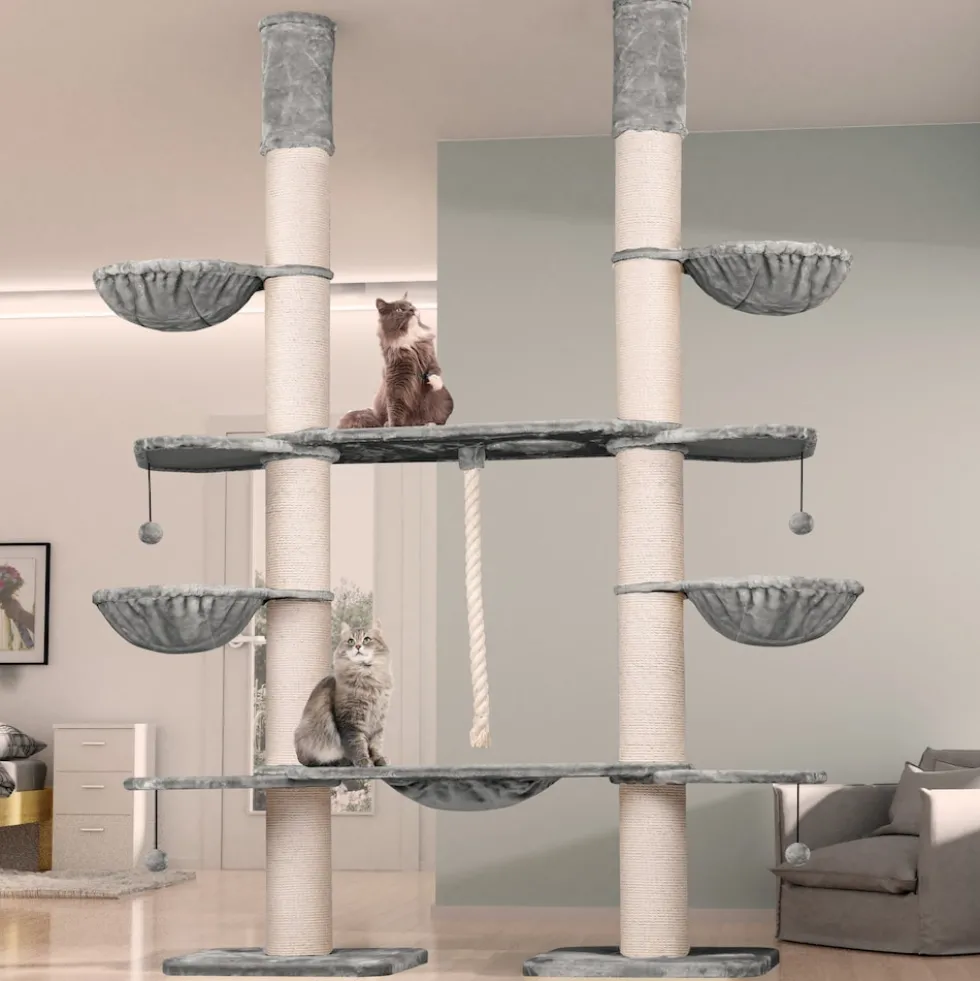 HAPPYPET Kratzbaum Verbindungs-Set mit Spielseil & Liegemulde – Ersatzteil aus Multiplex-Holz, inkl. Plüschbezug & Abstandshalter – Ideal zur Erweiterung von Katzenkratzbäumen | Grau