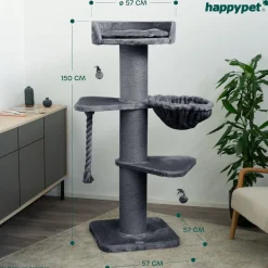 HAPPYPET Premium Kratzbaum Grosse Katzen Stabil 'Cooper' – 150 cm Großer Katzenbaum | Grau
