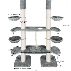 HAPPYPET XXL Kratzbaum-Landschaft für große Katzen - 2-in-1 Aktivitäts- und Sisal-Paradies mit Deckenspanner 280cm hoch | Premium Plüsch | Grau