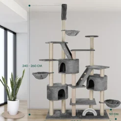 HAPPYPET XXL Kratzbaum Simba deckenhoch 260 cm - Kletterbaum Paradies, Extra Breit, Höhlen, Liegemulden, Großer Katzenbaum Stabil für Katzen, 9 cm Säulen, viel Zubehör | Grau
