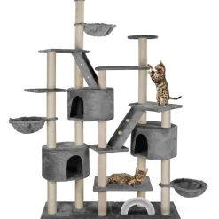 HAPPYPET XXL Kratzbaum Simba deckenhoch 260 cm - Kletterbaum Paradies, Extra Breit, Höhlen, Liegemulden, Großer Katzenbaum Stabil für Katzen, 9 cm Säulen, viel Zubehör | Grau