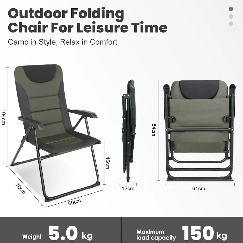 HOMECALL Campingstuhl Gartenstuhl klappbar, polyester, 5 fach Verstellbarer Rückenlehne, bis 150kg, schwarz/grün