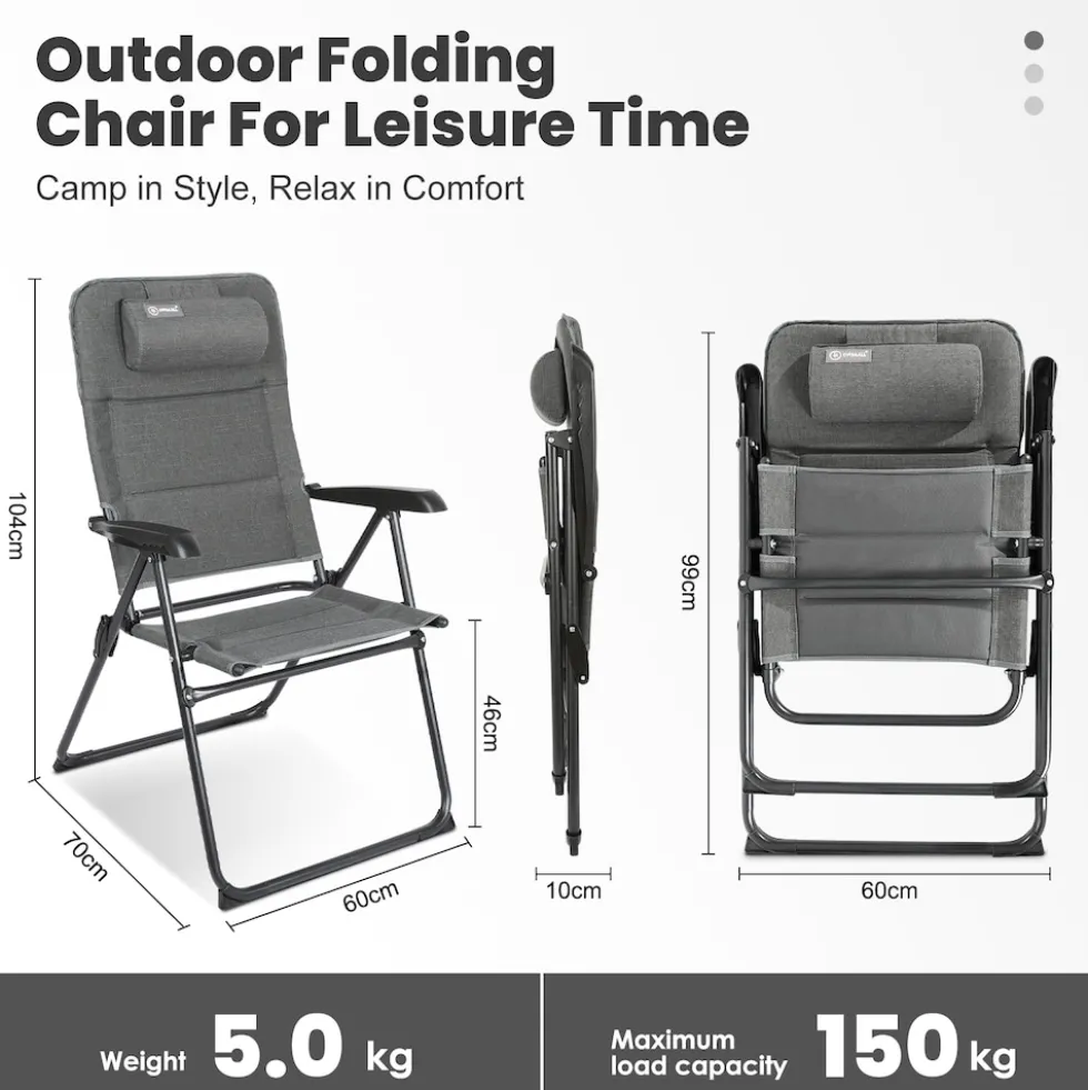 HOMECALL Campingstuhl Gartenstuhl Klappbar, UV+ Olefin-Stoff, 5 fach Verstellbarer Rückenlehne, bis 150kg