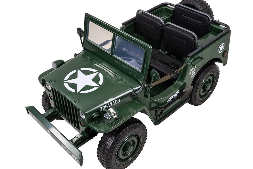 Jeep Willys Kinder-Elektroauto, 3 Sitze und 3 Gurte, Schaufel, Ersatzrad, Federung, Allrad 4x4, LEDs