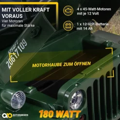 Jeep Willys Kinder-Elektroauto, 3 Sitze und 3 Gurte, Schaufel, Ersatzrad, Federung, Allrad 4x4, LEDs