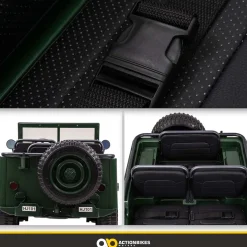 Jeep Willys Kinder-Elektroauto, 3 Sitze und 3 Gurte, Schaufel, Ersatzrad, Federung, Allrad 4x4, LEDs