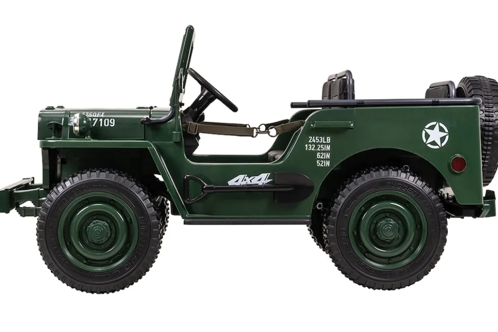 Jeep Willys Kinder-Elektroauto, 3 Sitze und 3 Gurte, Schaufel, Ersatzrad, Federung, Allrad 4x4, LEDs