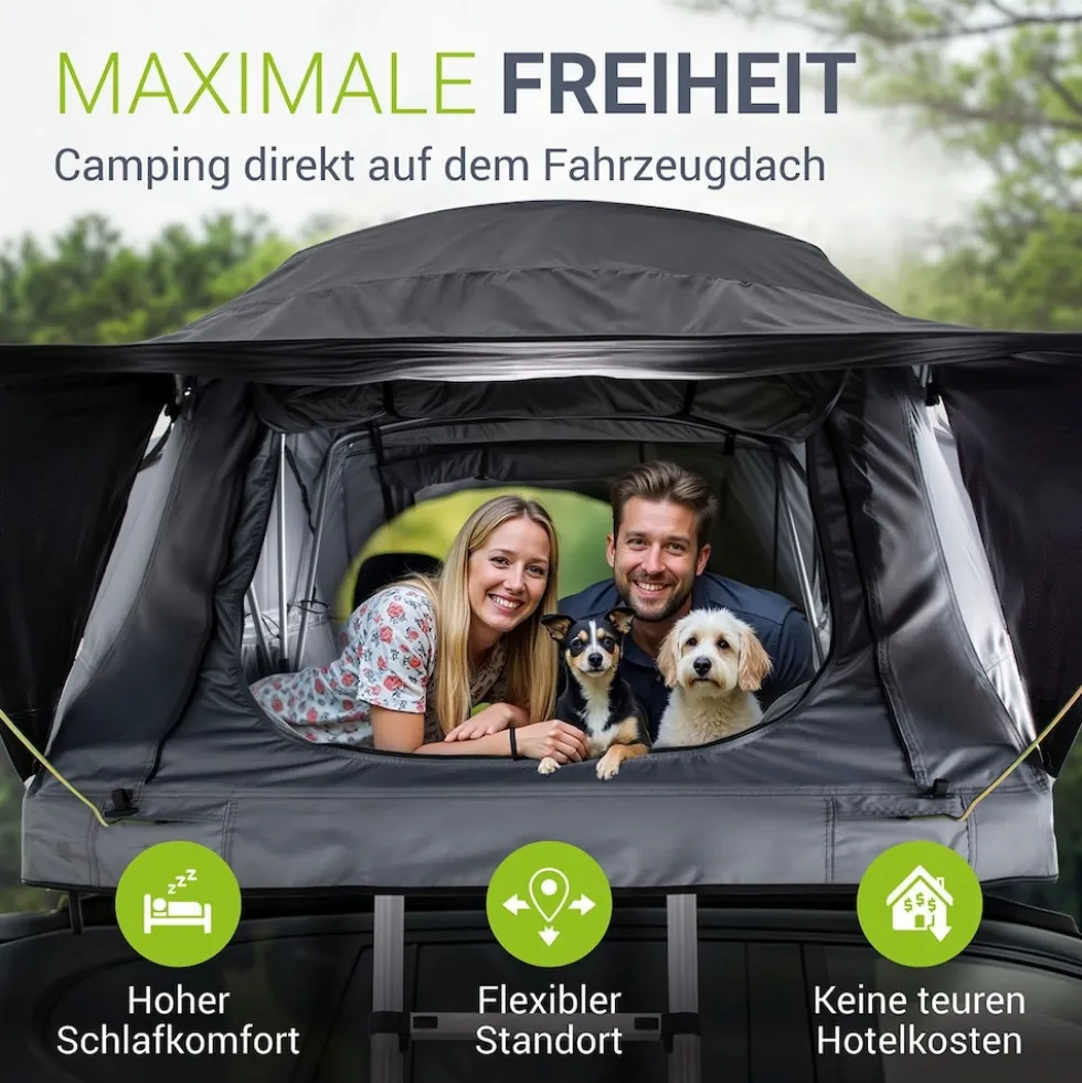 Juskys Autodachzelt Lago 120 x 210 cm - LED-Beleuchtung & Leiter - Schwarz / Grau