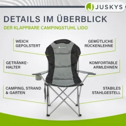 Juskys Campingstuhl Lido mit Getränkehalter & Tasche - Camping Klappstuhl gepolstert - Stuhl Grau