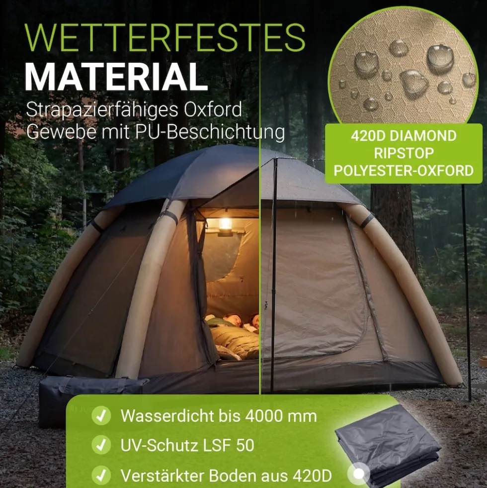 JUSKYS® Campingzelt EasyFlow M - Dunkelgrau/Khaki, aufblasbares Zelt mit Luftpumpe und Zubehör, inkl. LED-Lampe