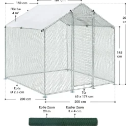 Juskys Freilaufgehege 2x2x2m aus Metall - Freigehege begehbar mit 4 m² Lauffläche, Tür & Riegel