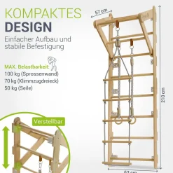 Juskys Sprossenwand für Kinder - Indoor Klettergerüst mit Turnringen, Klimmzugstange, Strickleiter