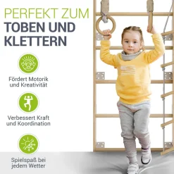 Juskys Sprossenwand für Kinder - Indoor Klettergerüst mit Turnringen, Klimmzugstange, Strickleiter
